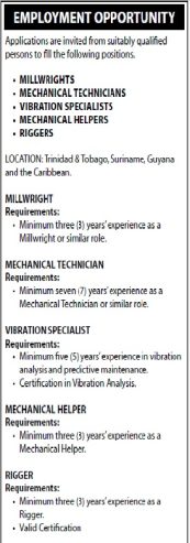 EMPLOYMENT OPPORTUNITY • MILLWRIGHTS • MECHANICAL TECHNICIANS • VIBRATION SPECIALISTS • MECHANICAL HELPERS • RIGGERS