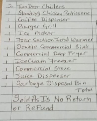 Here’s a list of restaurant items for those who are interested in opening up a rest or upgrading their existing equipment. Brand new . Sold as Is. No refund. No return. Serious inquiries only. Items will not be sold separately.