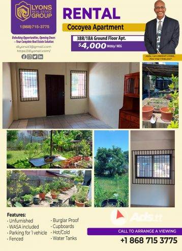 3BR/1BA Ground Floor Cocoyea Apartment $4,000 Negotiable