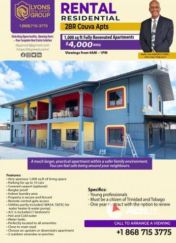 Fully Renovated Magnificent 2BR Couva Apartments $4,000