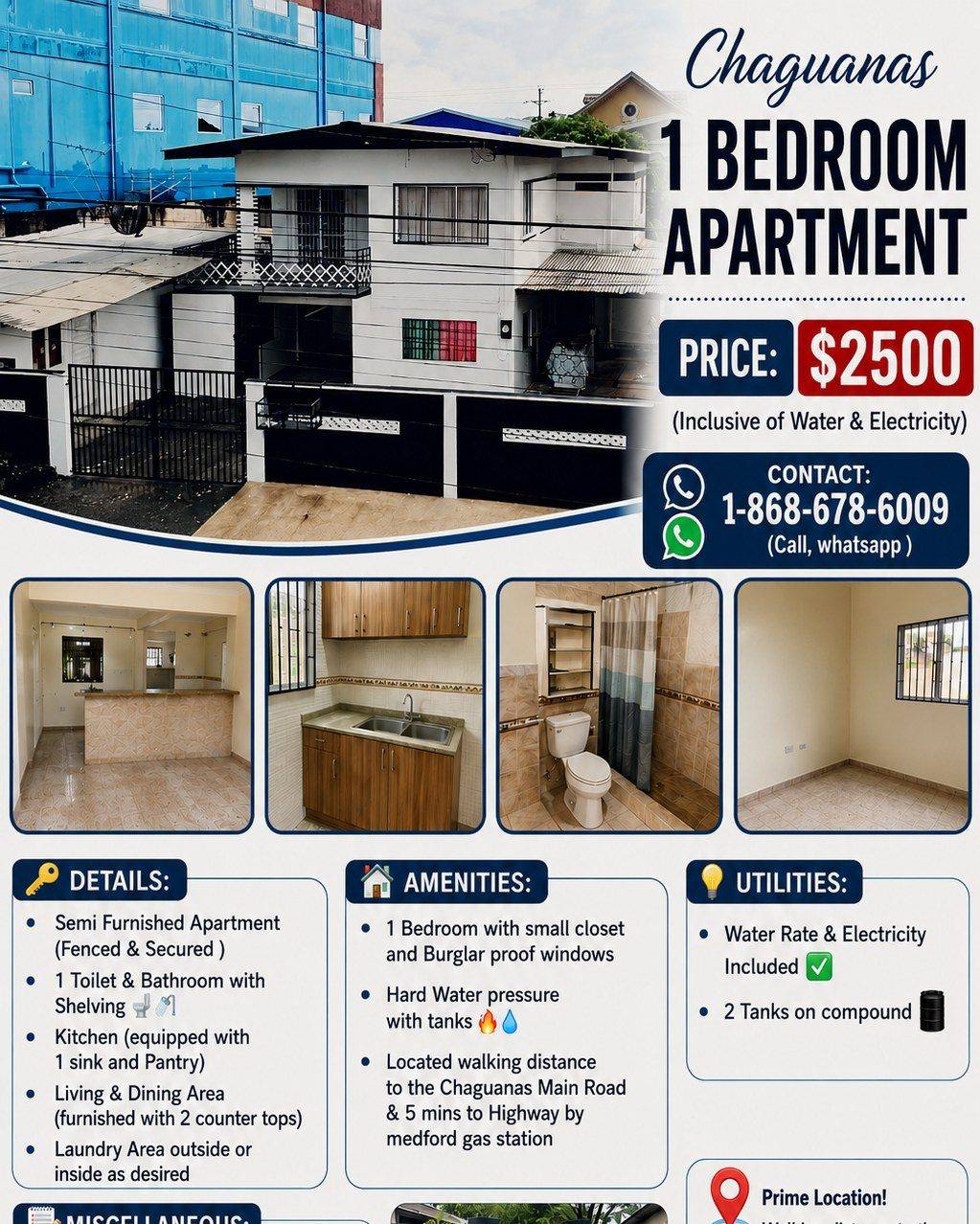 One Bedroom Apartment for Rent in Chaguanas