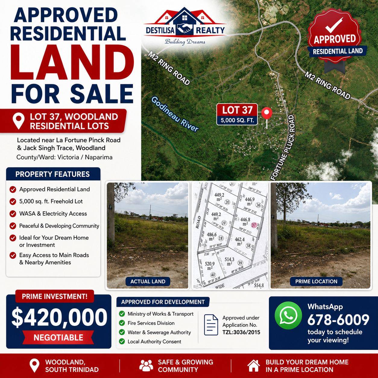 APPROVED RESIDENTIAL LAND FOR SALE – WOODLAND, SOUTH TRINIDAD 🌴