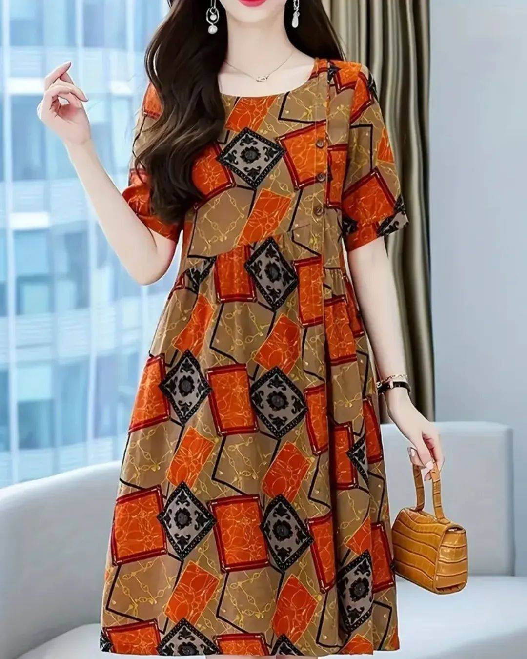 Allover Print Crew Neck Dress