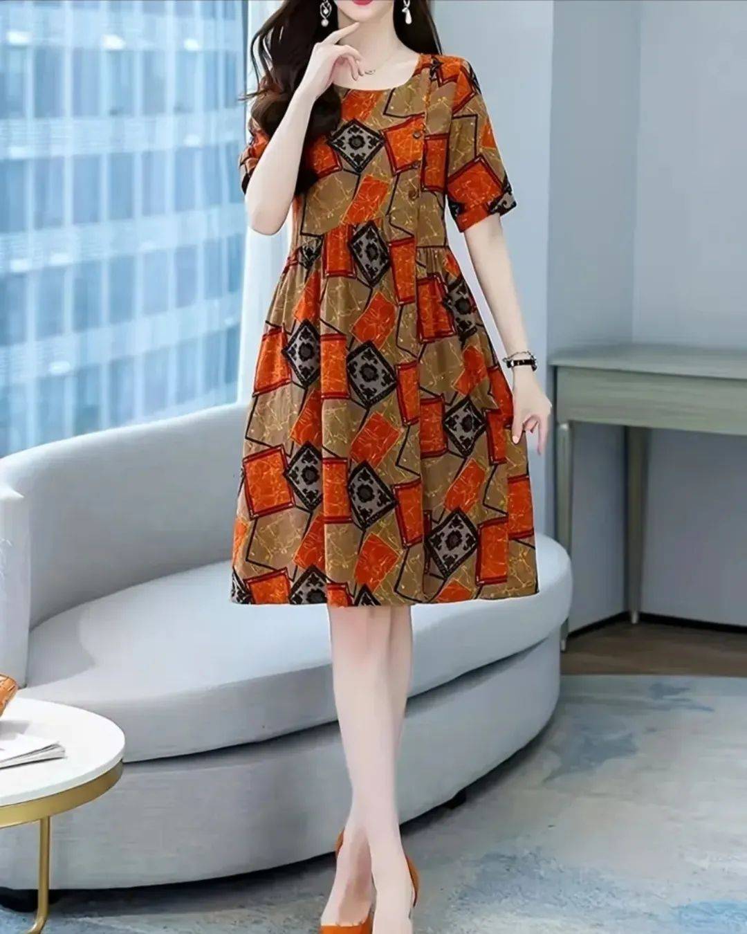 Allover Print Crew Neck Dress