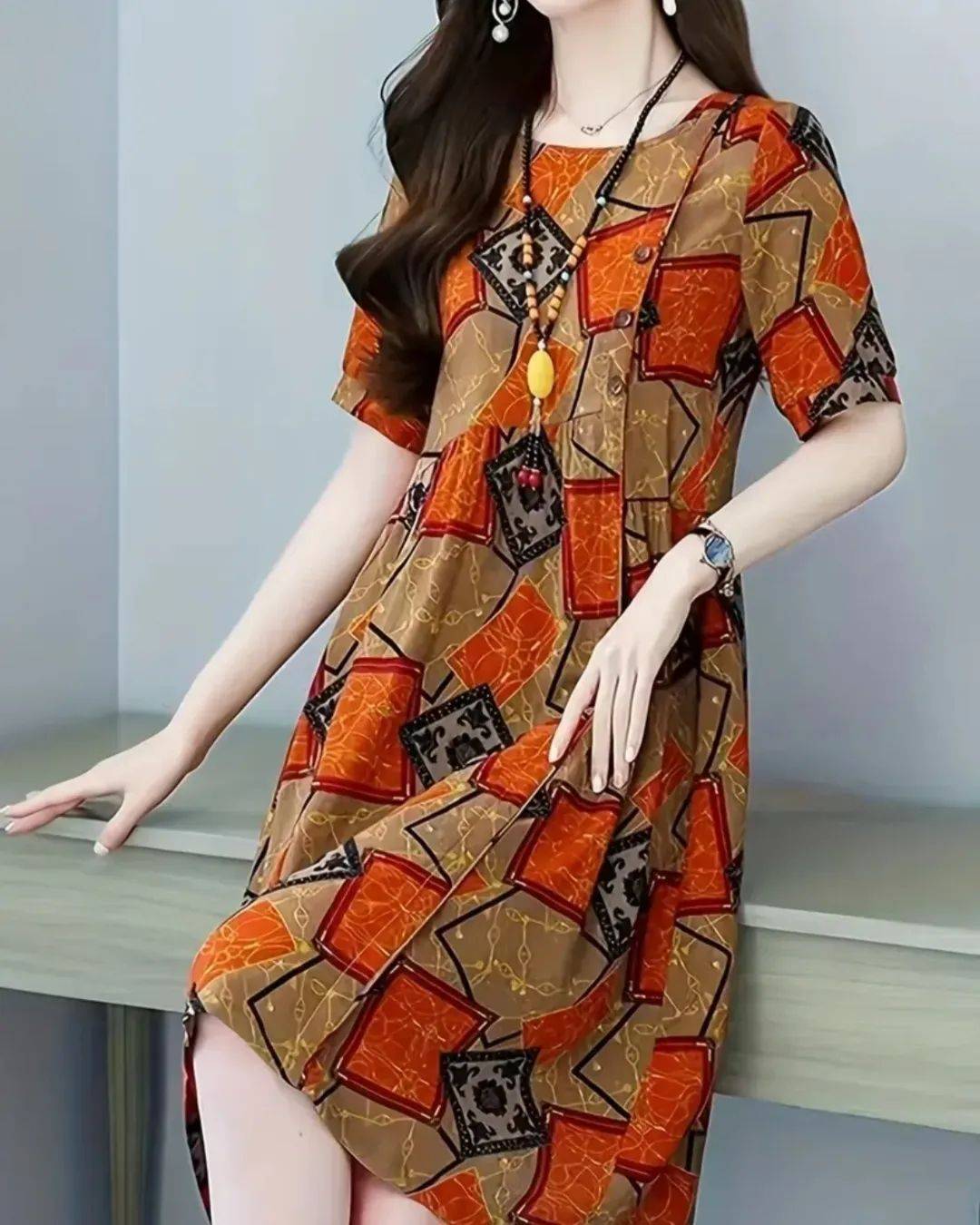 Allover Print Crew Neck Dress